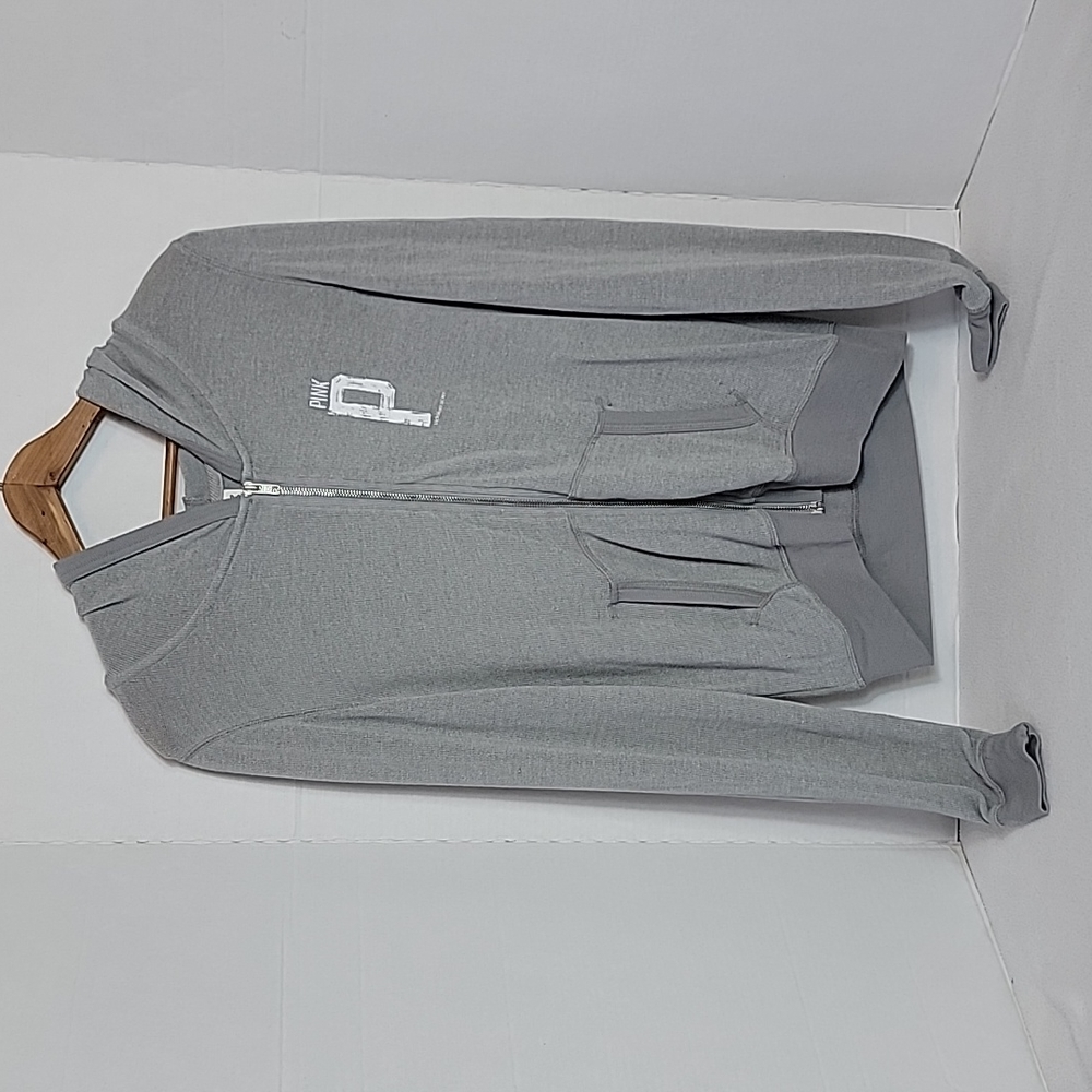 PINK VS Women's Gray White Hooded Long Sleeve Zip Up Sweater,  S